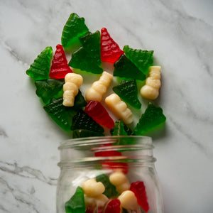Red White and Green Gummy Trees & Snowmen